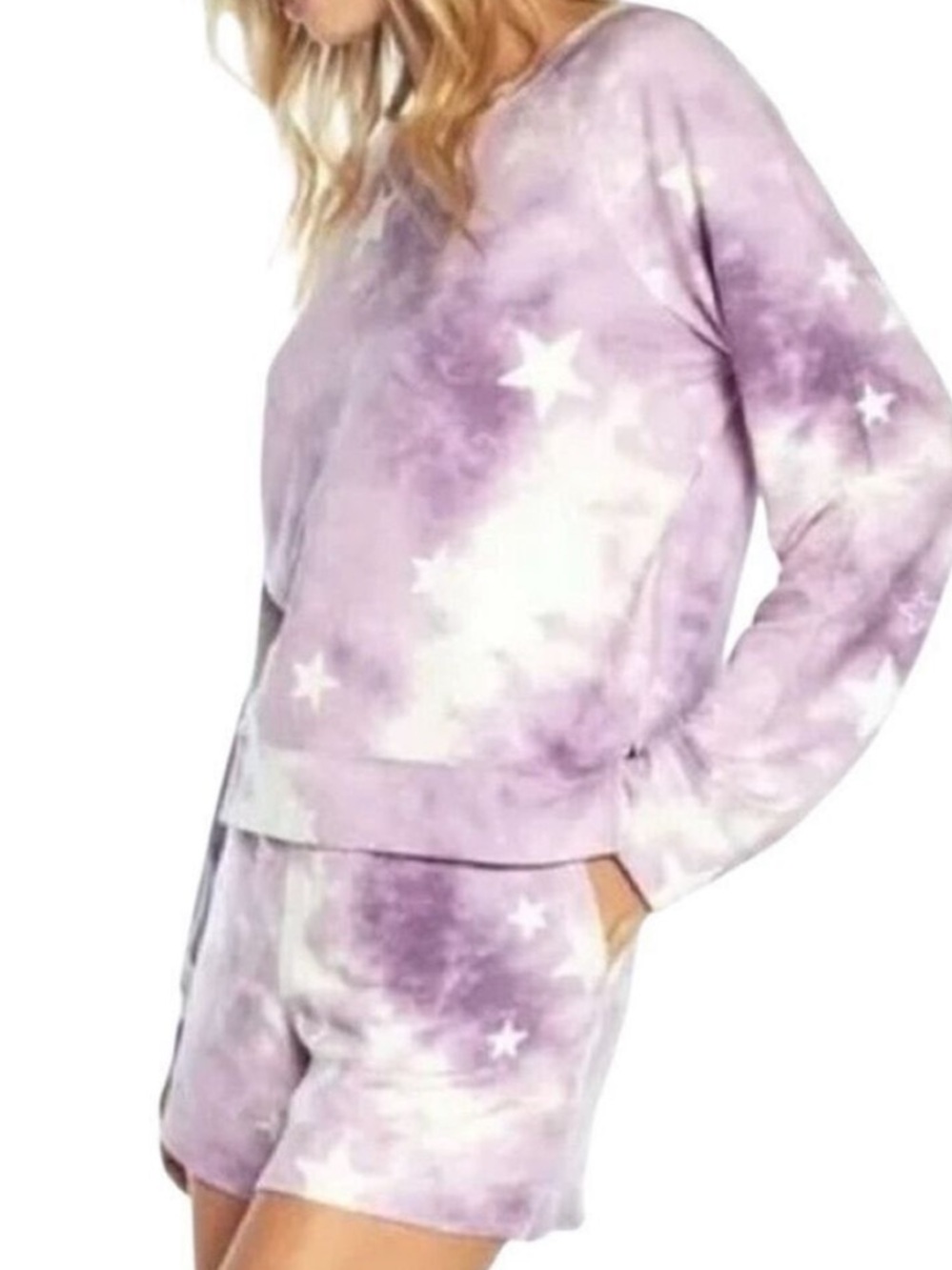 Wildfox Purple Tie Dye Stars Lounge Set Sweatshirt & Shorts NWT Size‎ Medium